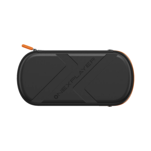 ONEXPLAYER 3 Case front view, black matte hard shell with raised X logo, orange zipper pull and trim