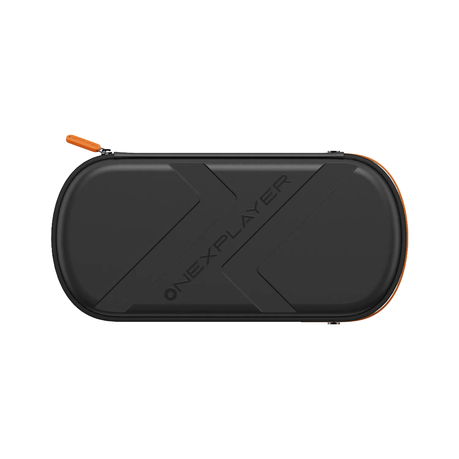 ONEXPLAYER 3 Case front view, black matte hard shell with raised X logo, orange zipper pull and trim