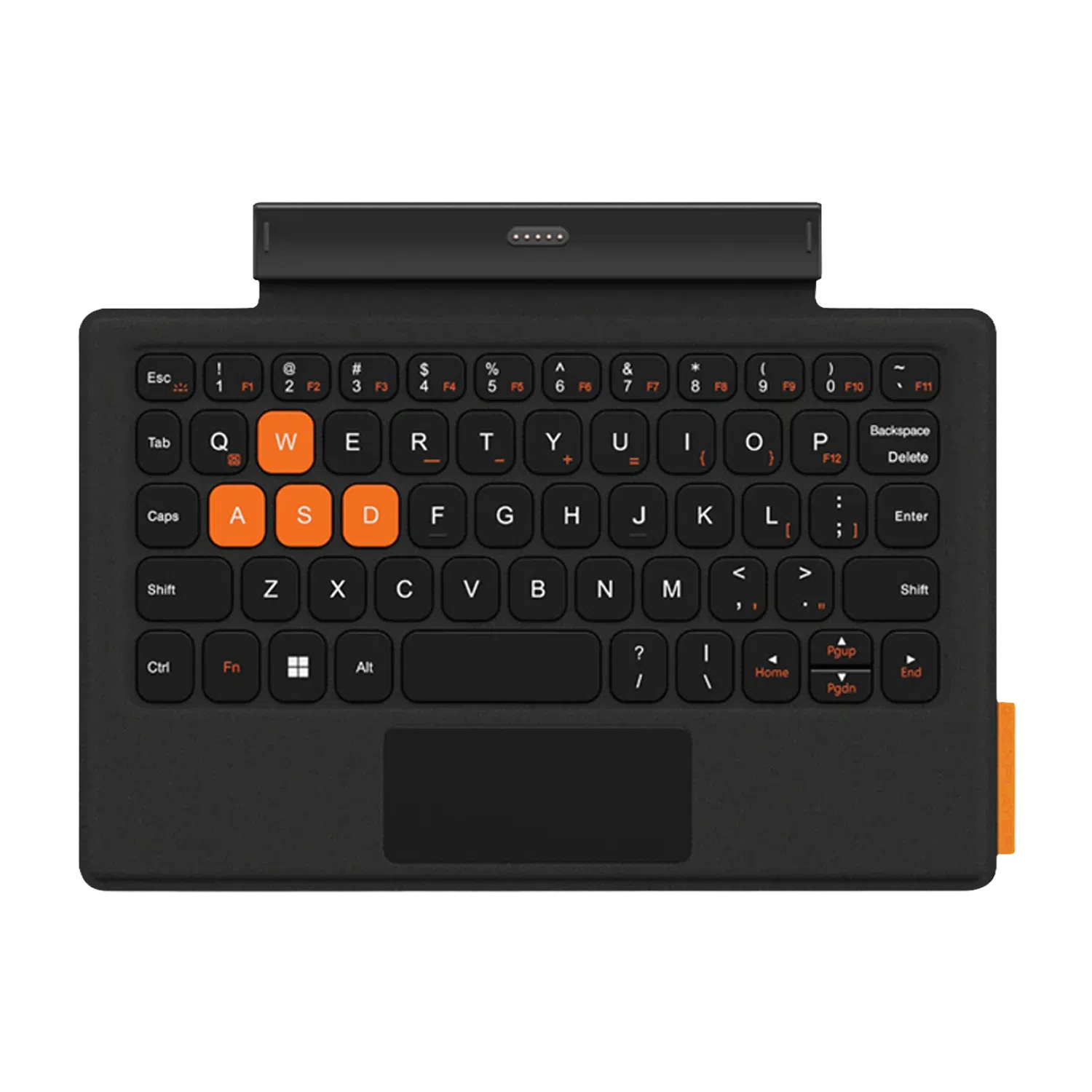 ONEXPLAYER 3 Keyboard front view in matte black with orange WASD keys, touchpad, and top pin connector
