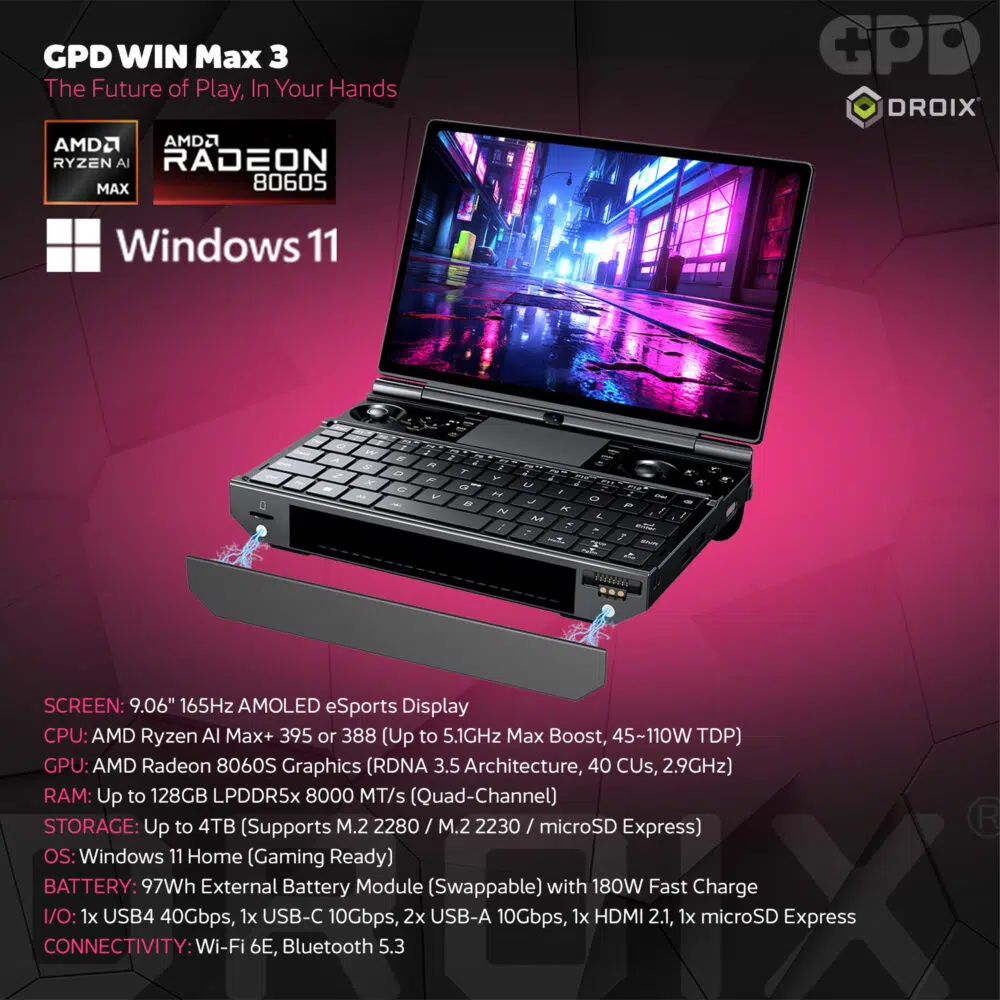 GPD WIN Max 3 9.06-inch 165Hz AMOLED display with stylus support