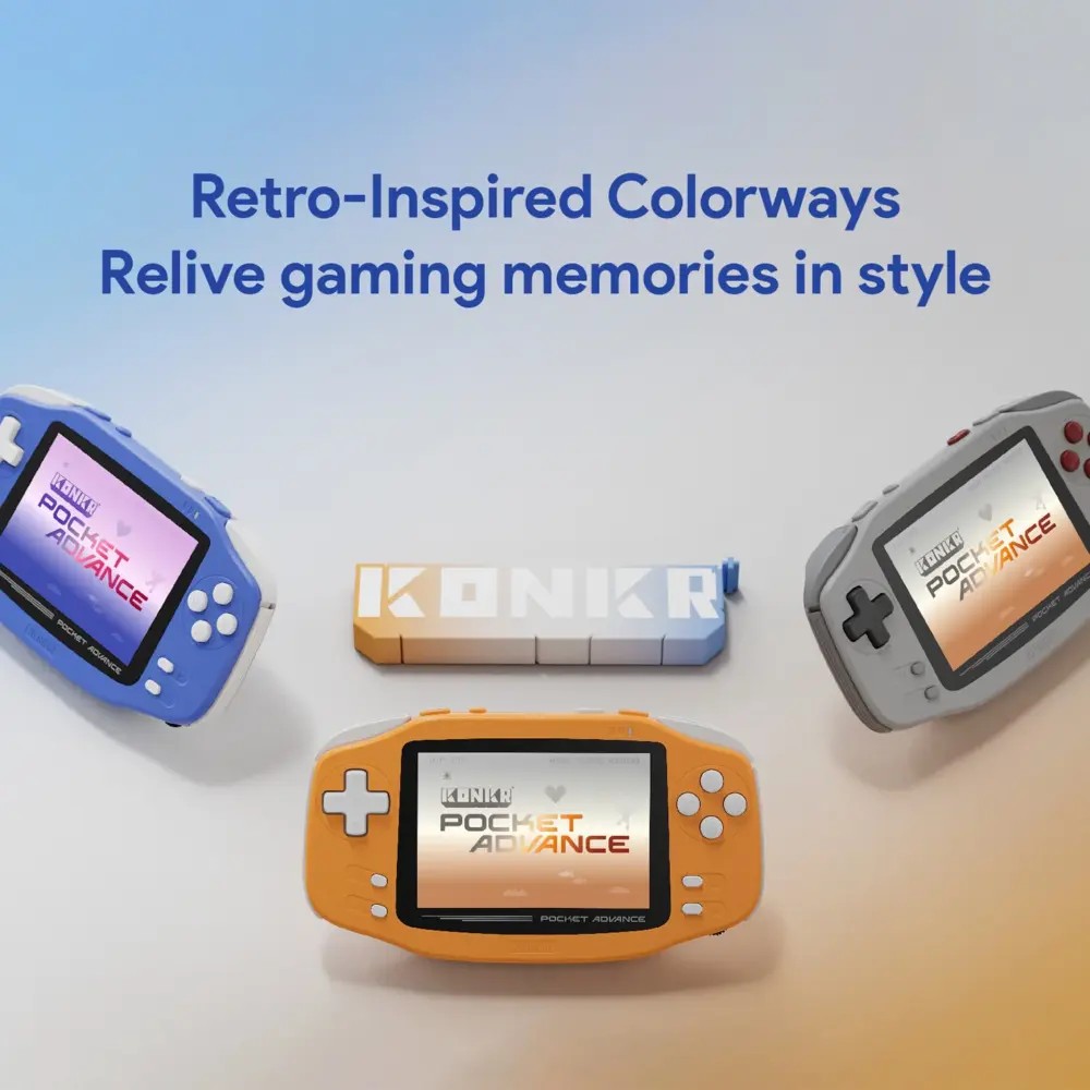 KONKR Pocket Advance retro gaming handhelds in glossy blue, orange and grey, angled on soft gradient backdrop