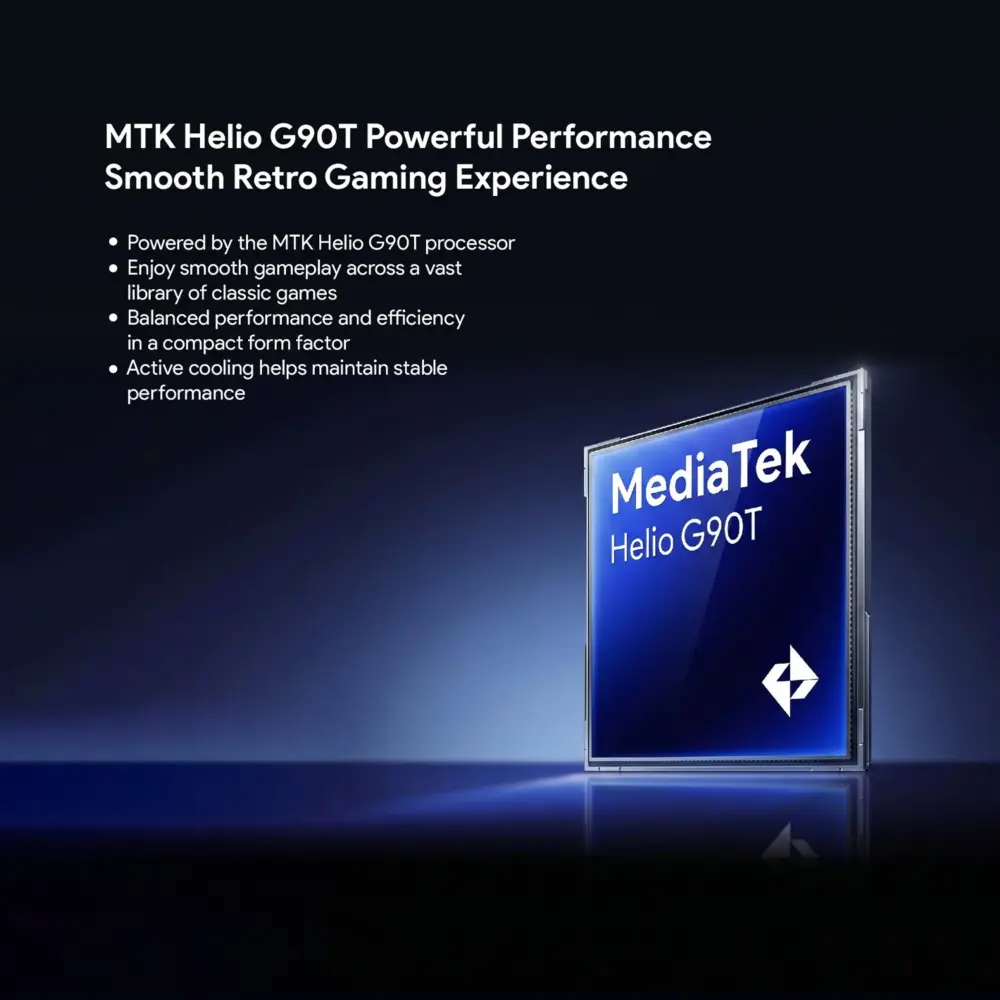 KONKR Pocket Advance graphic showing an angled glossy blue MediaTek Helio G90T chip with white text on a dark gradient
