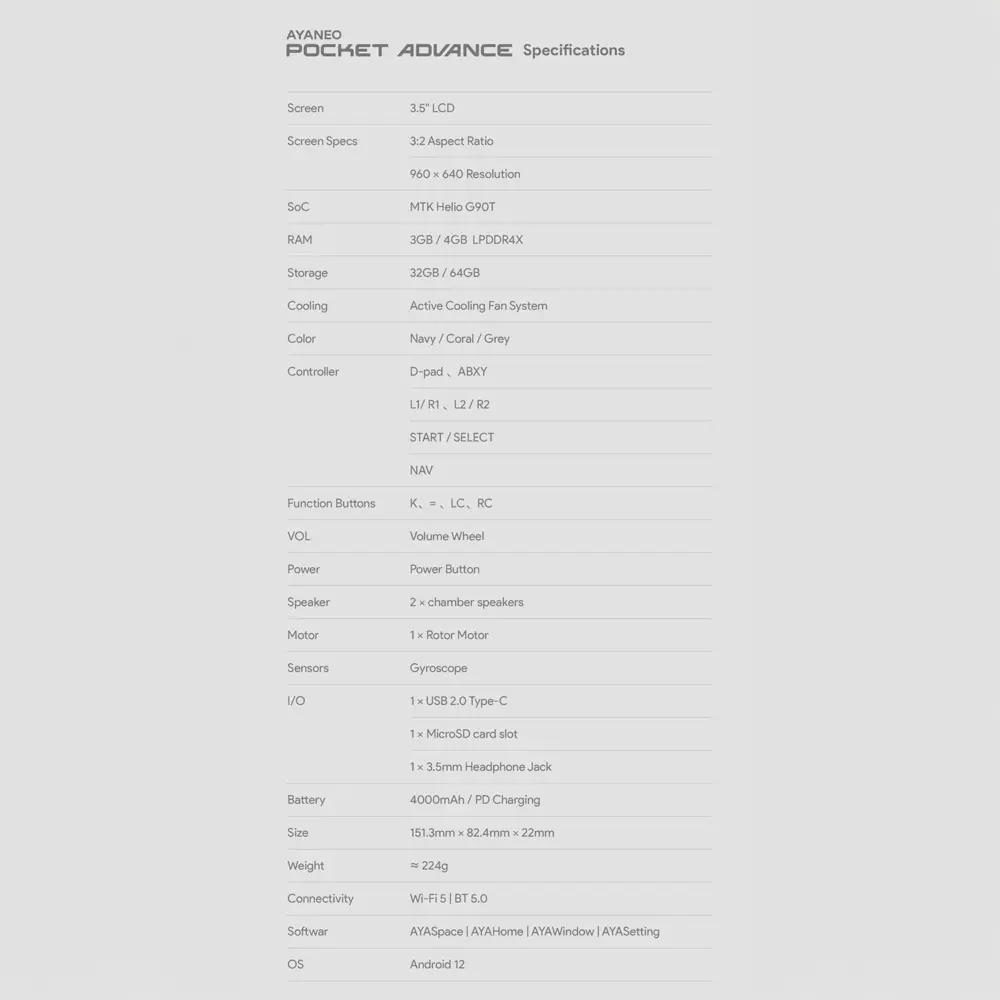Front-facing KONKR Pocket Advance specifications chart on matte light grey background, with 3.5-inch LCD and Helio G90T