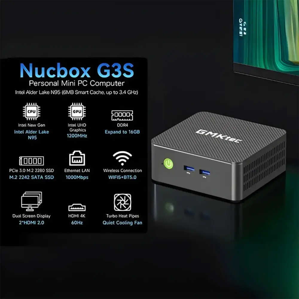 An infographic for the Nucbox G3S Personal Mini PC Computer alongside a 3D render of the device. Specifications listed in a g