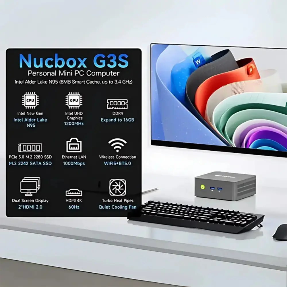 A lifestyle render of the Nucbox G3S mini PC situated on a white desk with a keyboard, mouse, and a monitor displaying an abs