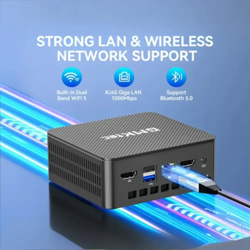 A promotional graphic titled "Strong LAN & Wireless Network Support" showing the rear of the mini PC with a blue, glowing Eth