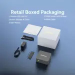 A layout of the Nucbox G3S "Retail Boxed Packaging" on a blue surface. The displayed and numbered items include the mini PC,