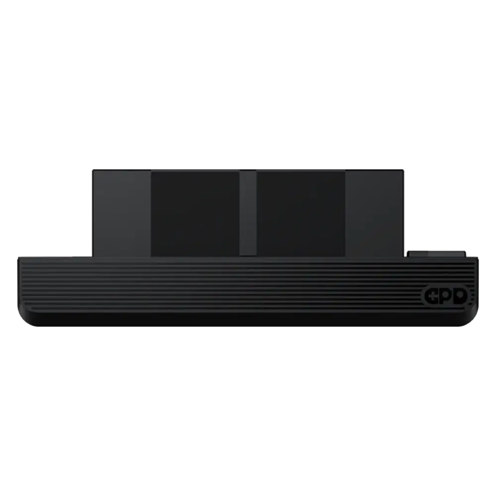 GPD-WIN-MAX-3-MODULE-DONE-LISTING-01-d2a677ac-e73b-4186-aecb-c07b2a753784.webp Front view of black GPD WIN Max 3 external fan module with ribbed grille, matte finish, and GPD logo