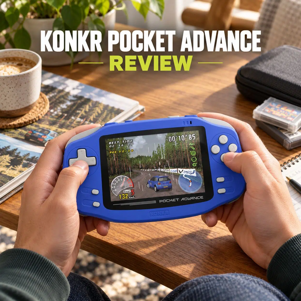 A person holding a blue handheld gaming device styled like a Game Boy Advance, playing a 3D rally racing game. Large bold text at the top reads "KONKR POCKET ADVANCE" in white with "REVIEW" highlighted in lime green below. The device is displayed on a wooden desk alongside a cup of coffee, game cartridges, and a notebook in a cozy indoor setting.