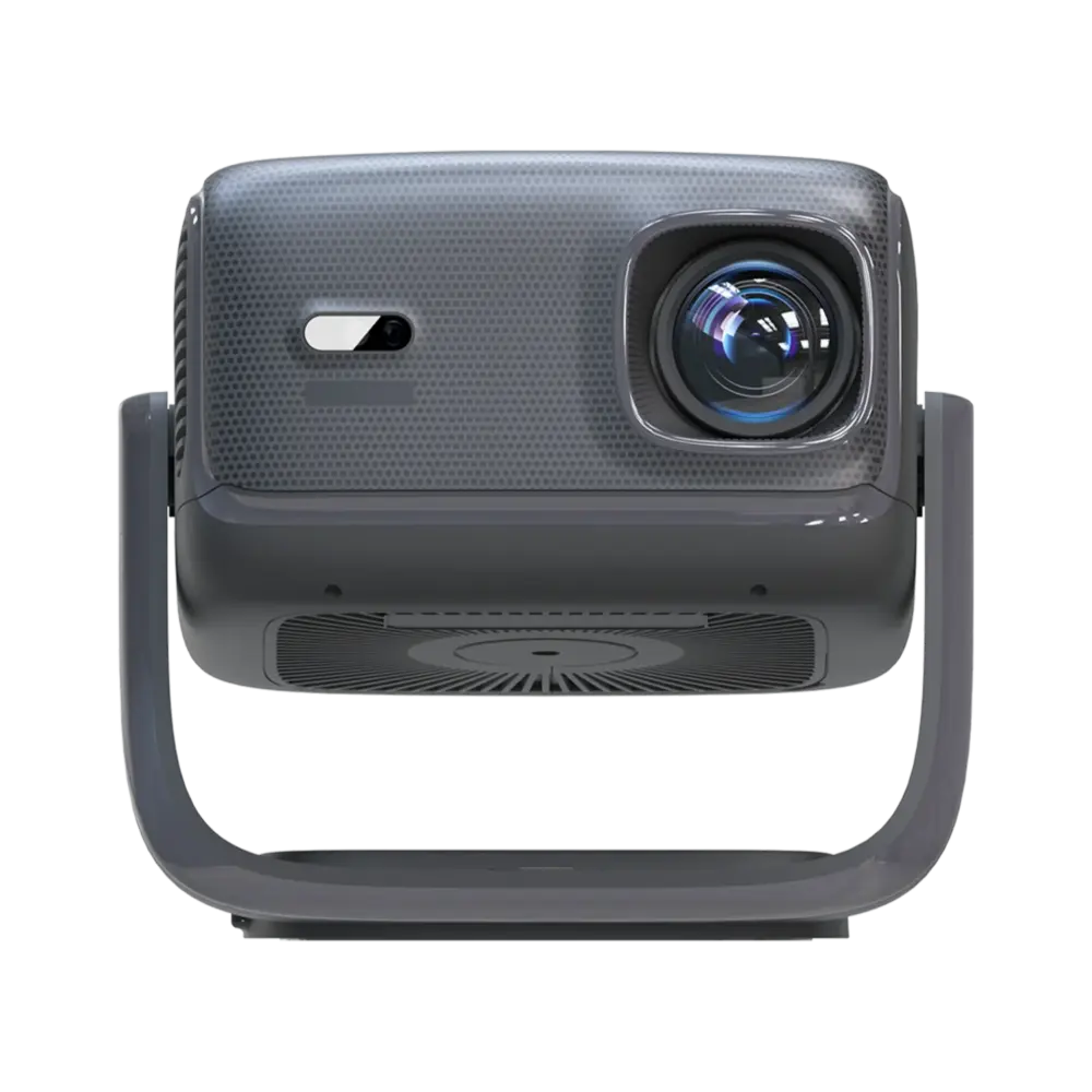 PJ500ULTRA-LISTING-DONE-01-207bfd6a-83cd-46a7-afc9-e9aa6f3b023c.webp Front view of the dark gray PJ500 Ultra projector with a textured grille, large right lens, left sensor, and a U-stand.