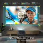 Projector displaying a tennis player on a wall, with graphics showing Auto Focus, Keystone, Obstacle Avoidance, and Fit.