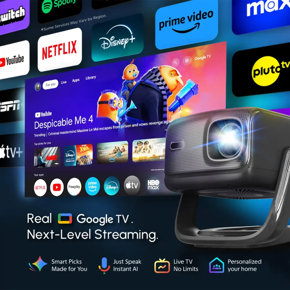 Projector next to a Google TV interface and app logos. Text highlights streaming, smart picks, AI voice, and profiles.