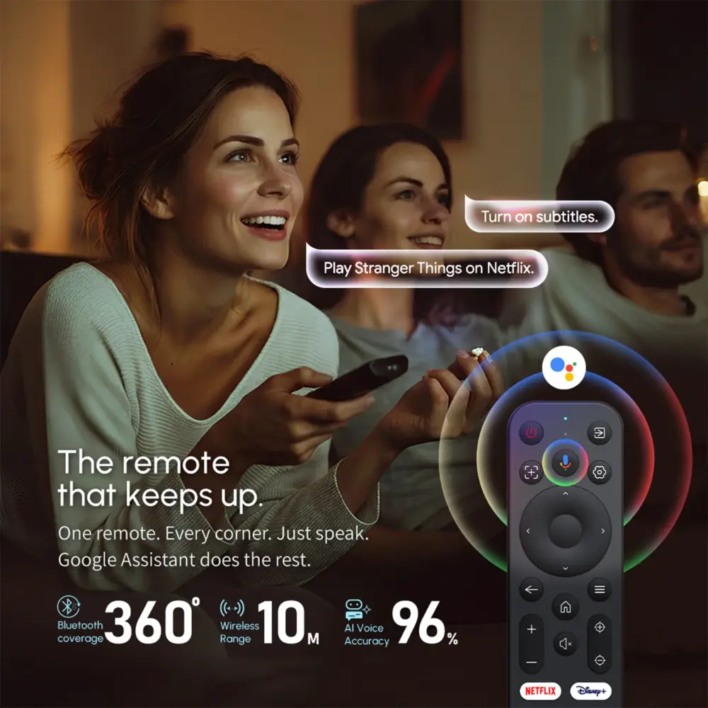 Projector next to a Google TV interface and app logos. Text highlights streaming, smart picks, AI voice, and profiles.