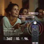 Projector next to a Google TV interface and app logos. Text highlights streaming, smart picks, AI voice, and profiles.