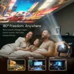 Family using the projector's voice remote. Features highlight Google Assistant, 360° Bluetooth, and 10M wireless range.