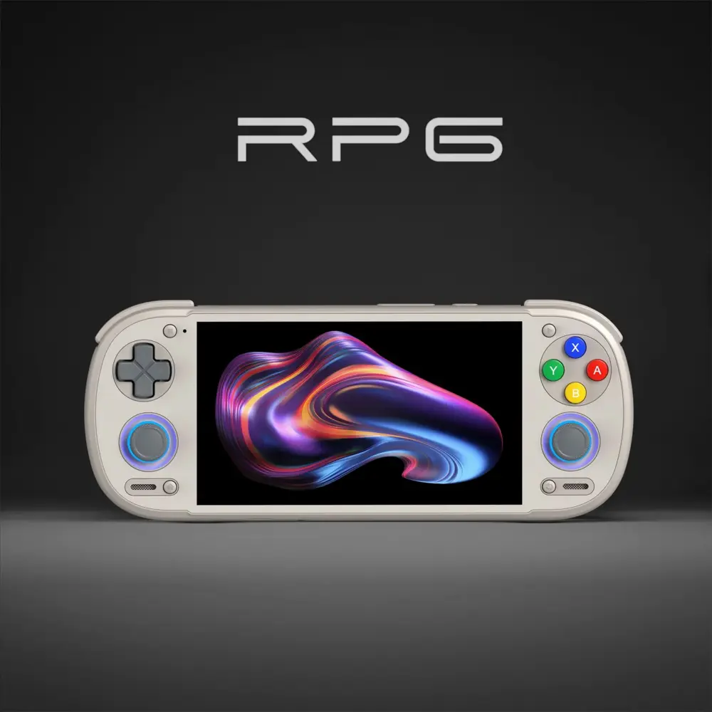 Retroid Pocket 6 Android gaming handheld in smooth ivory, front view with vivid AMOLED screen and blue-lit joysticks