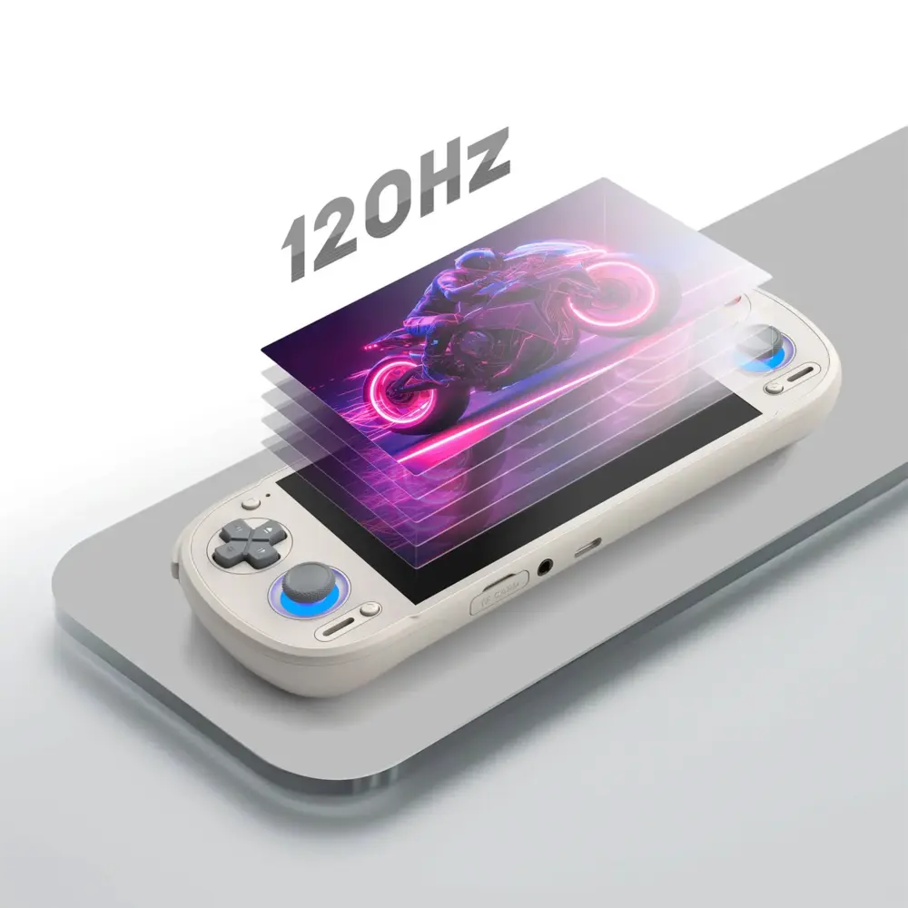 Retroid Pocket 6 smooth cream Android gaming handheld angled on gray slab, neon AMOLED screen and 120Hz text