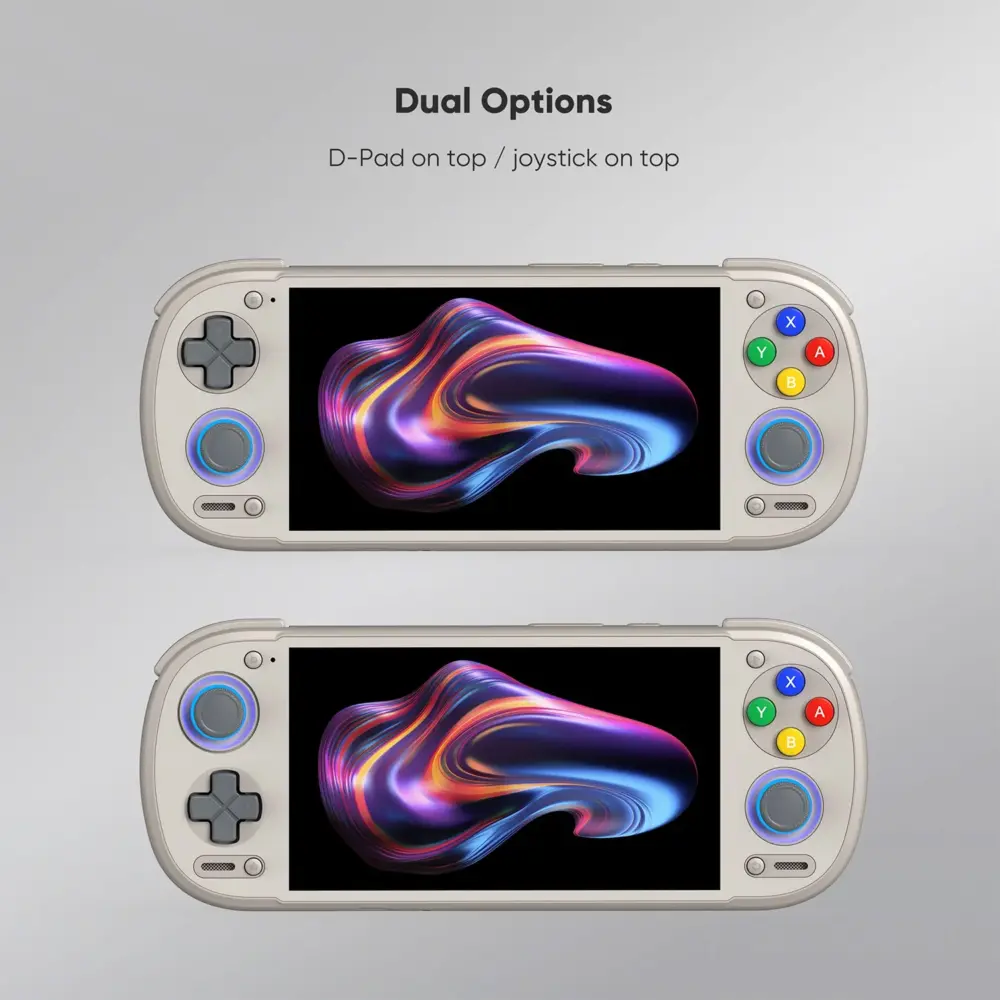 Retroid Pocket 6 smooth cream Android gaming handheld front views showing dual D-pad or joystick on top layouts
