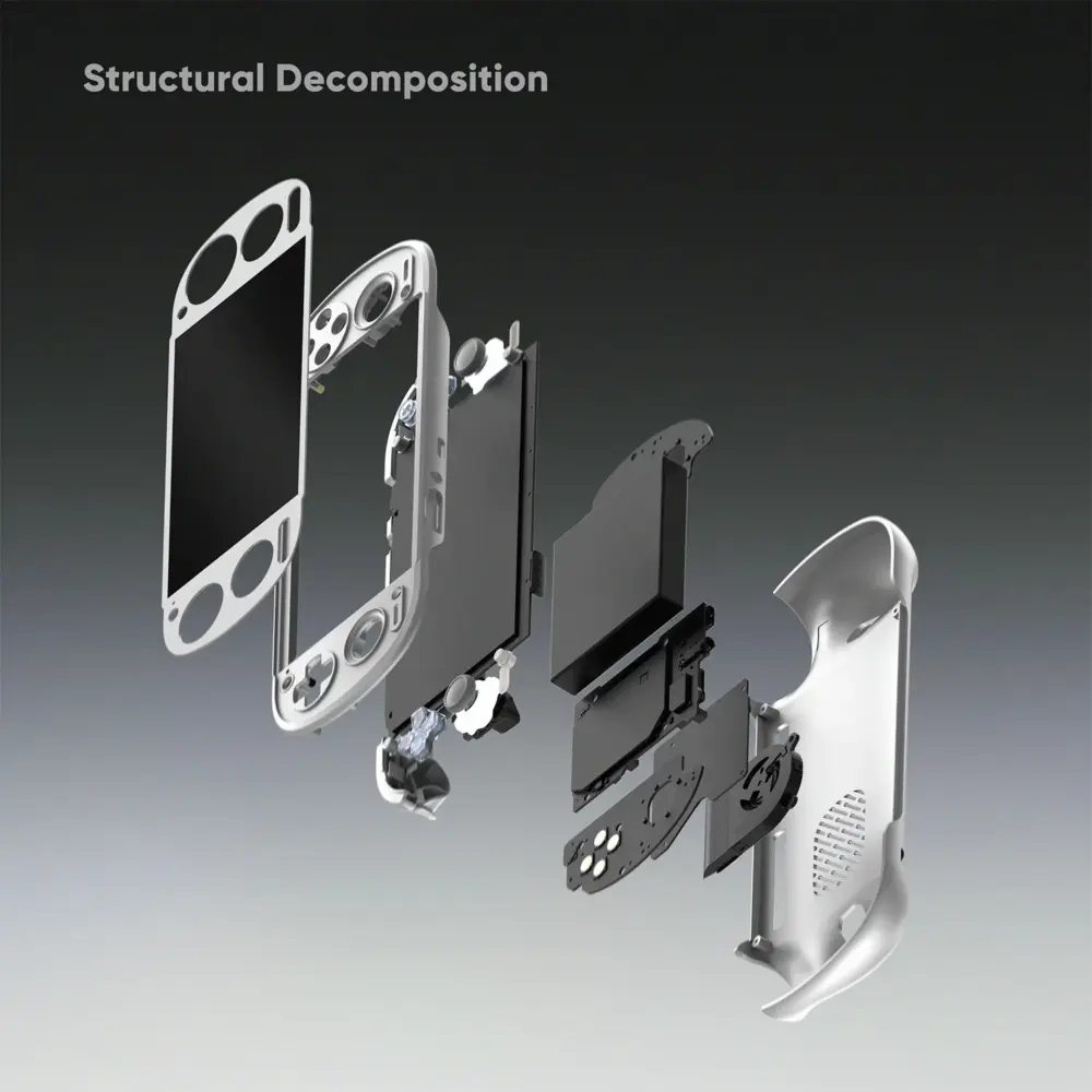 Retroid Pocket 6 angled exploded view with smooth silver shell, black panels and controls floating on grey background