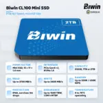 Blue Biwin CL100 Mini SSD card tilted to show 1.4mm edge with 2TB badge, spec tiles for 3700 MB/s read and PCIe Gen4 x2