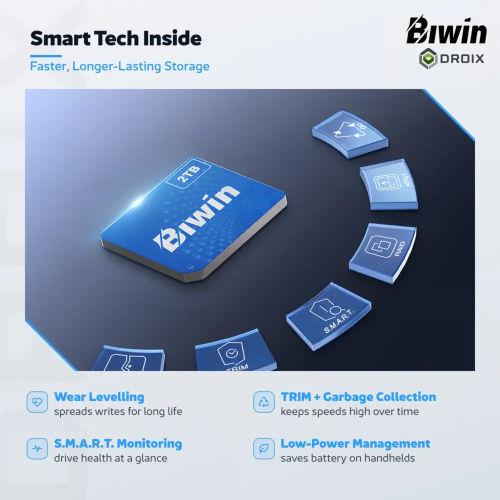 Blue Biwin CL100 Mini SSD card with floating tech tiles for wear levelling, TRIM, garbage collection and S.M.A.R.T.