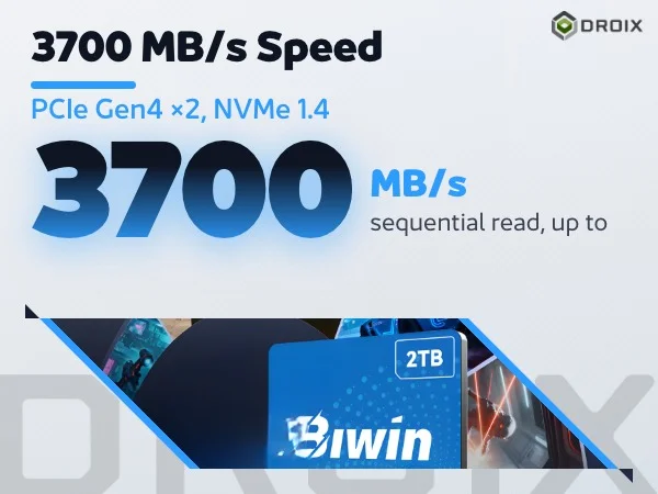 BIWIN Mini SSD 8 Blue Biwin CL100 Mini SSD card over game art arc with large 3700 MB/s sequential read figure, PCIe Gen4 x2 and NVMe 1.4