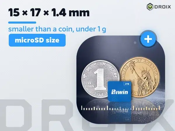 BIWIN Mini SSD 9 Blue Biwin CL100 Mini SSD card between a coin and a US quarter with a ruler, showing 15 x 17 x 1.4 mm size and under 1 g