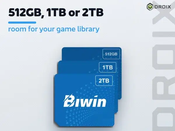 BIWIN Mini SSD 10 Blue Biwin CL100 Mini SSD cards shown in 512GB, 1TB and 2TB capacities for storing a handheld game library