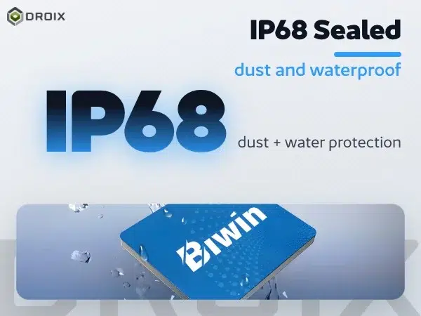 BIWIN Mini SSD 11 Blue Biwin CL100 Mini SSD card splashed with water on a rock, large IP68 figure for dust and water protection