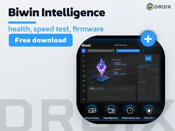 BIWIN Mini SSD 15 Blue Biwin CL100 Mini SSD card with Biwin Intelligence app screenshot showing drive health, speed test and firmware info