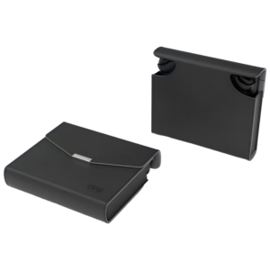 Black protective travel sleeve and folio case for the GPD Win Max 3 PC gaming handheld, shown in both closed flat and upright standing positions on a white backdrop.