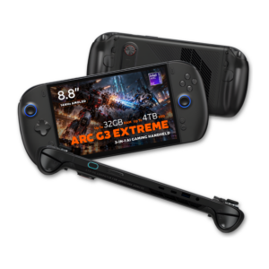Black OneXPlayer 3 handheld gaming PC shown from multiple angles: front, rear, top and side views
